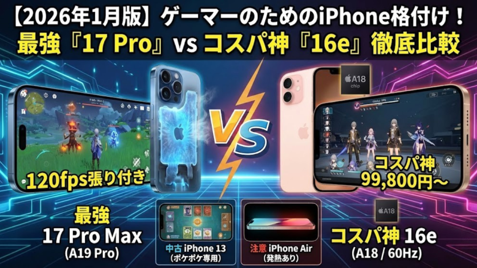【2026年1月版】ゲーマーのためのiPhone格付け！最強『17 Pro』vs コスパ神『16e』徹底比較。中古やAirはアリなのか？
