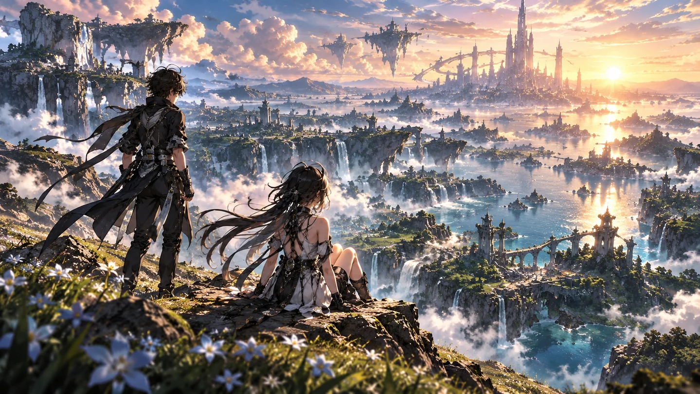 夕日に染まる浮遊する島と広大なファンタジー世界を見つめる旅人たちのイメージイラスト