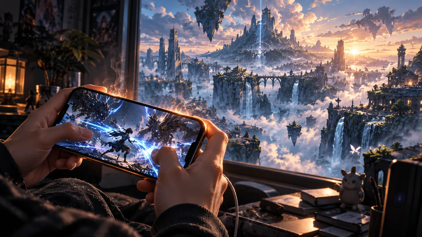 スマートフォンで幻想的なアクションゲームを操作する手元と、その向こうに広がる壮大な世界のオリジナルイメージ