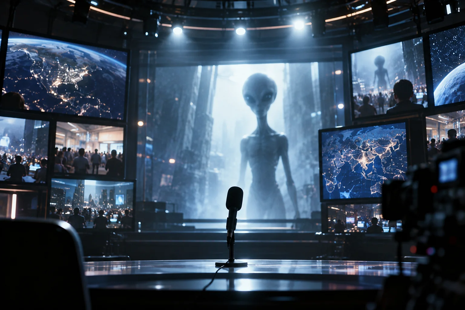 世界中のモニターに地球外生命体の映像が流れるテレビスタジオを表現したAI生成イメージ