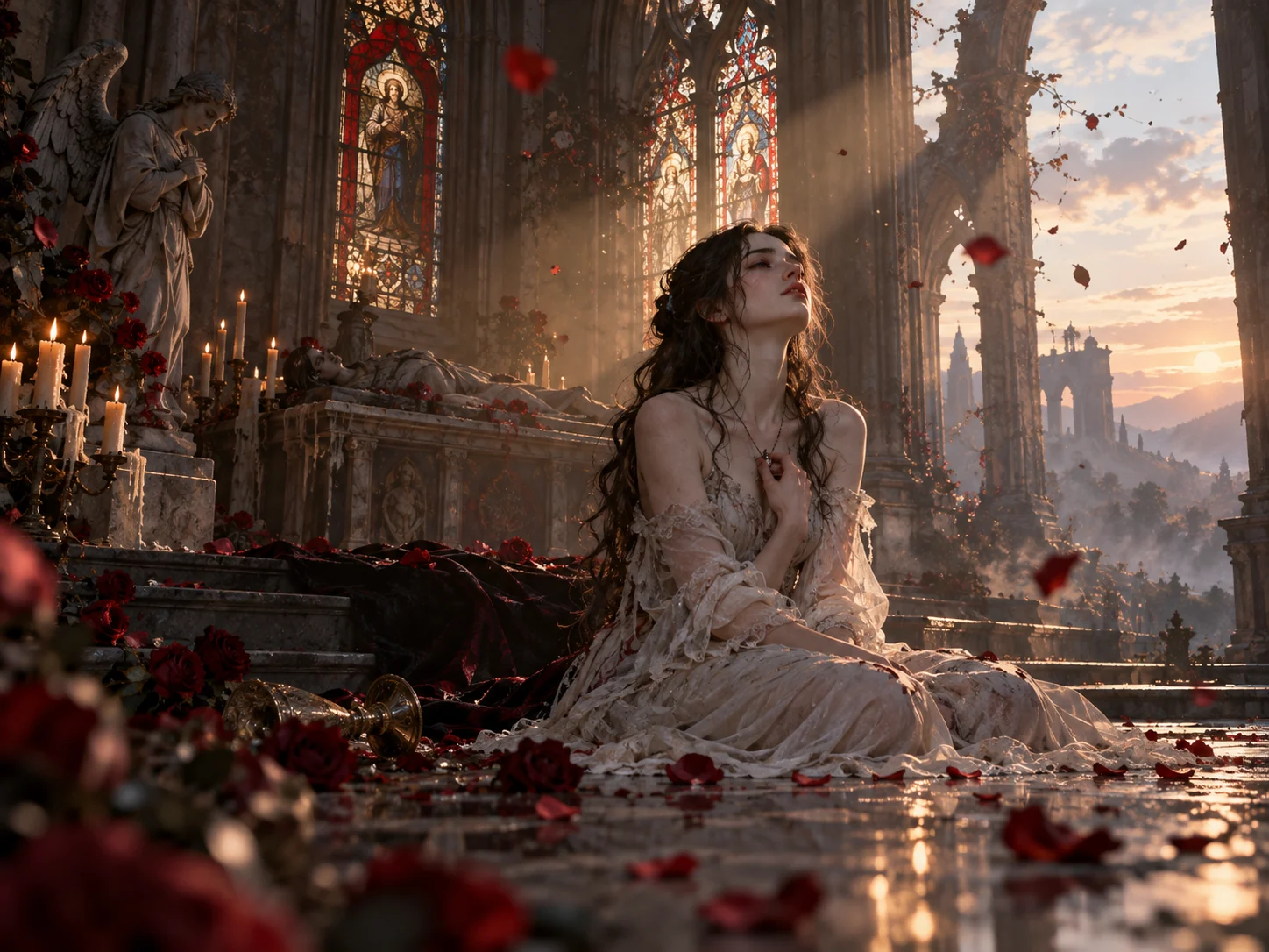 崩れたゴシック聖堂で、夜明けの光を浴びる白いドレスの女性と舞い散る赤い薔薇を描いたAI生成画像
