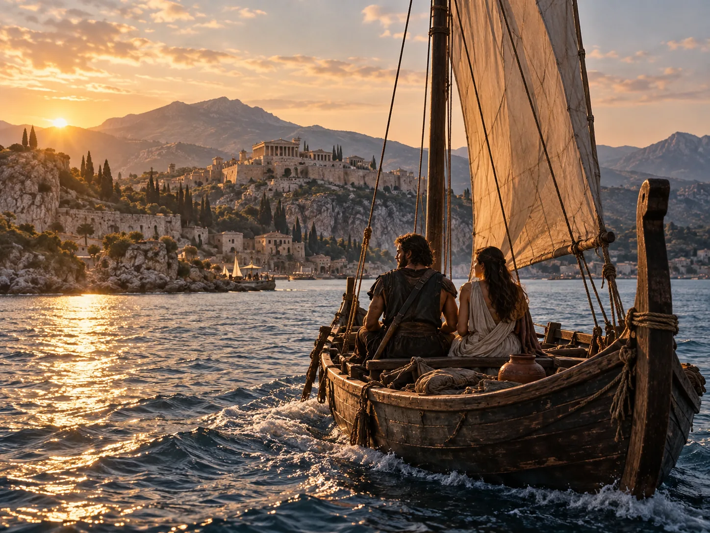 夕暮れの海で故郷イタケを後にする古代ギリシャの夫婦と帆船を描いたAI生成イメージ